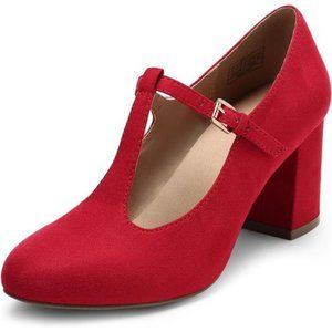 Low Chunky Heels for Women T-Strap Red